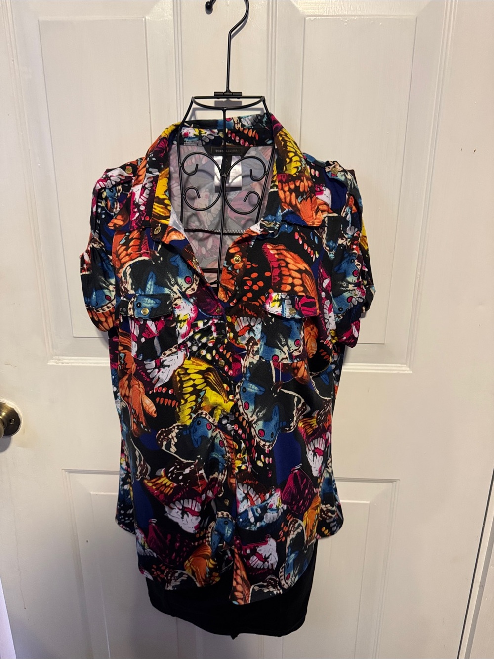BCBGMaxAzria Black Multicolor Butterfly Print Button-Down Shirt